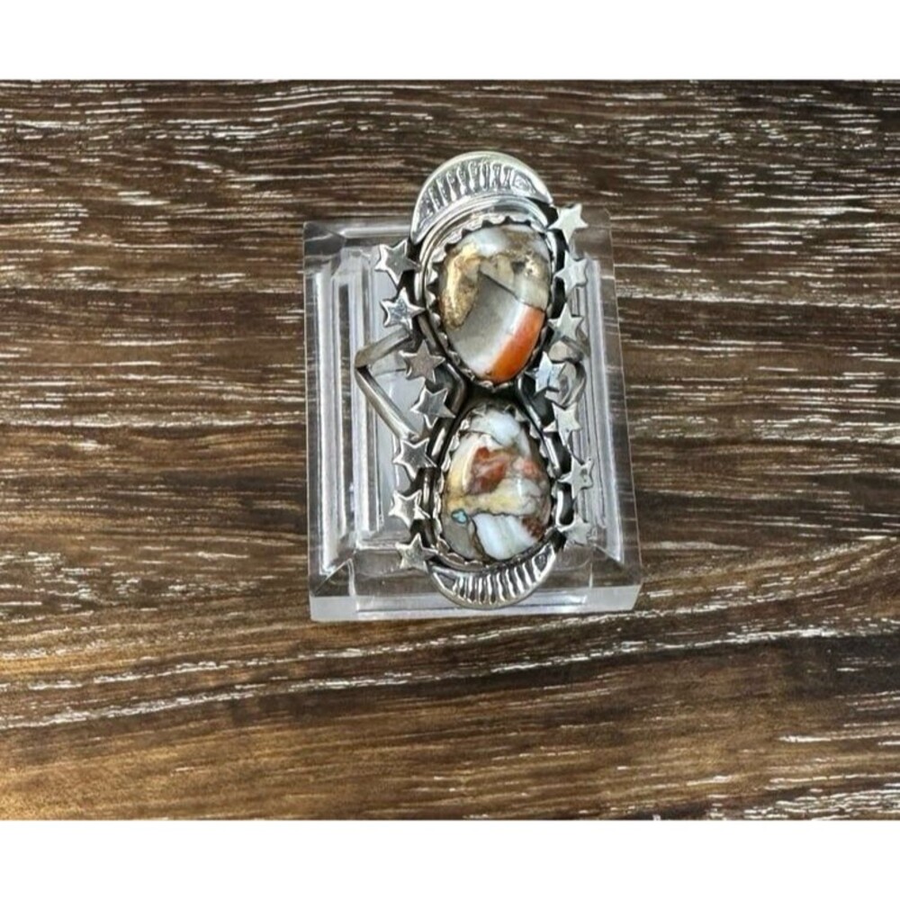 Native Southwest Style Sterling Silver Spiny Oyster Moon/Star Edged Ring Sz 5.75